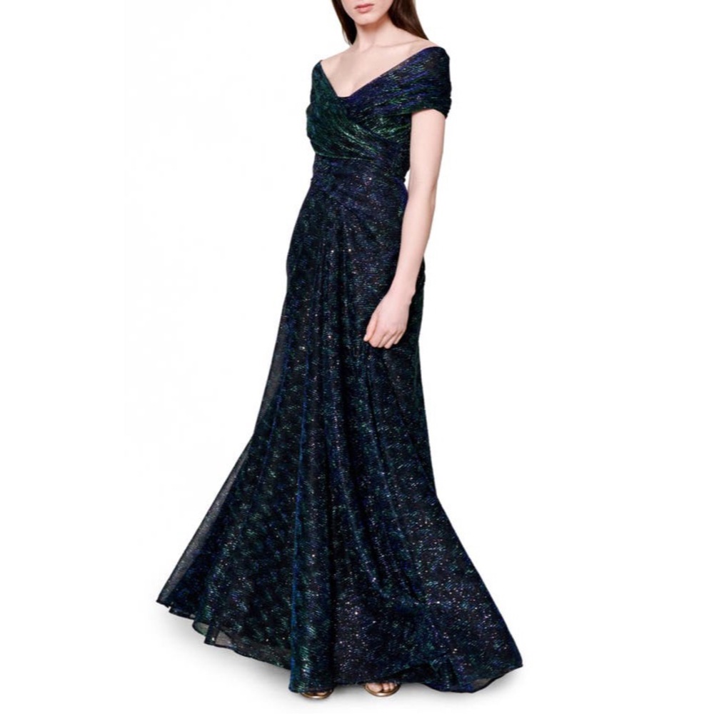 NWT Talbot Runhof Tolinda Metallic Voile Off-Shoulder Gown